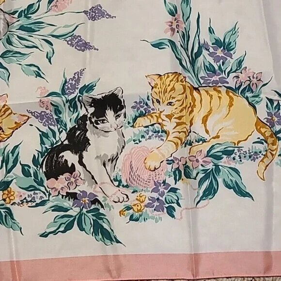Vintage AVON Floral Cat Print Scarf Pink Border Kittens Playful Animal Pet - Picture 3 of 6
